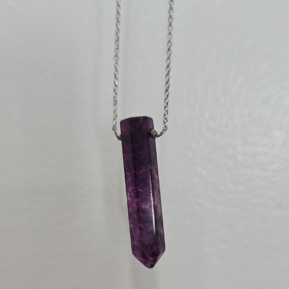 Amethyst Crystal Pendant Necklace On Silver Toned Chain